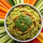 A vibrant bowl of creamy, chunky gluten-free guacamole topped with fresh cilantro, surrounded by colorful crisp veggie sticks including carrot, cucumber, and red and yellow bell pepper strips on a wooden board.