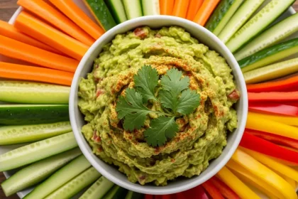 A vibrant bowl of creamy, chunky gluten-free guacamole topped with fresh cilantro, surrounded by colorful crisp veggie sticks including carrot, cucumber, and red and yellow bell pepper strips on a wooden board.