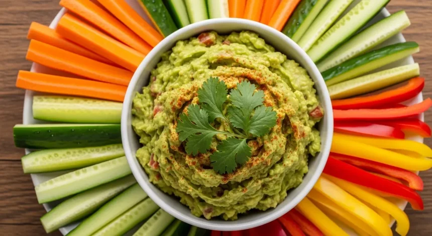 A vibrant bowl of creamy, chunky gluten-free guacamole topped with fresh cilantro, surrounded by colorful crisp veggie sticks including carrot, cucumber, and red and yellow bell pepper strips on a wooden board.
