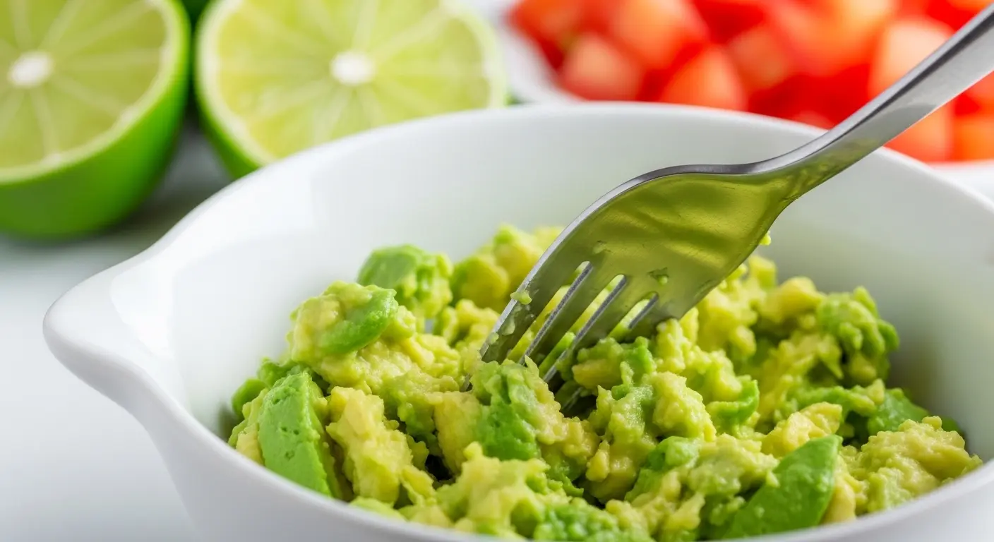Close-up of a fork mashing ripe Hass avocados in a ceramic bowl, creating a creamy yet slightly chunky texture for homemade gluten-free guacamole.

