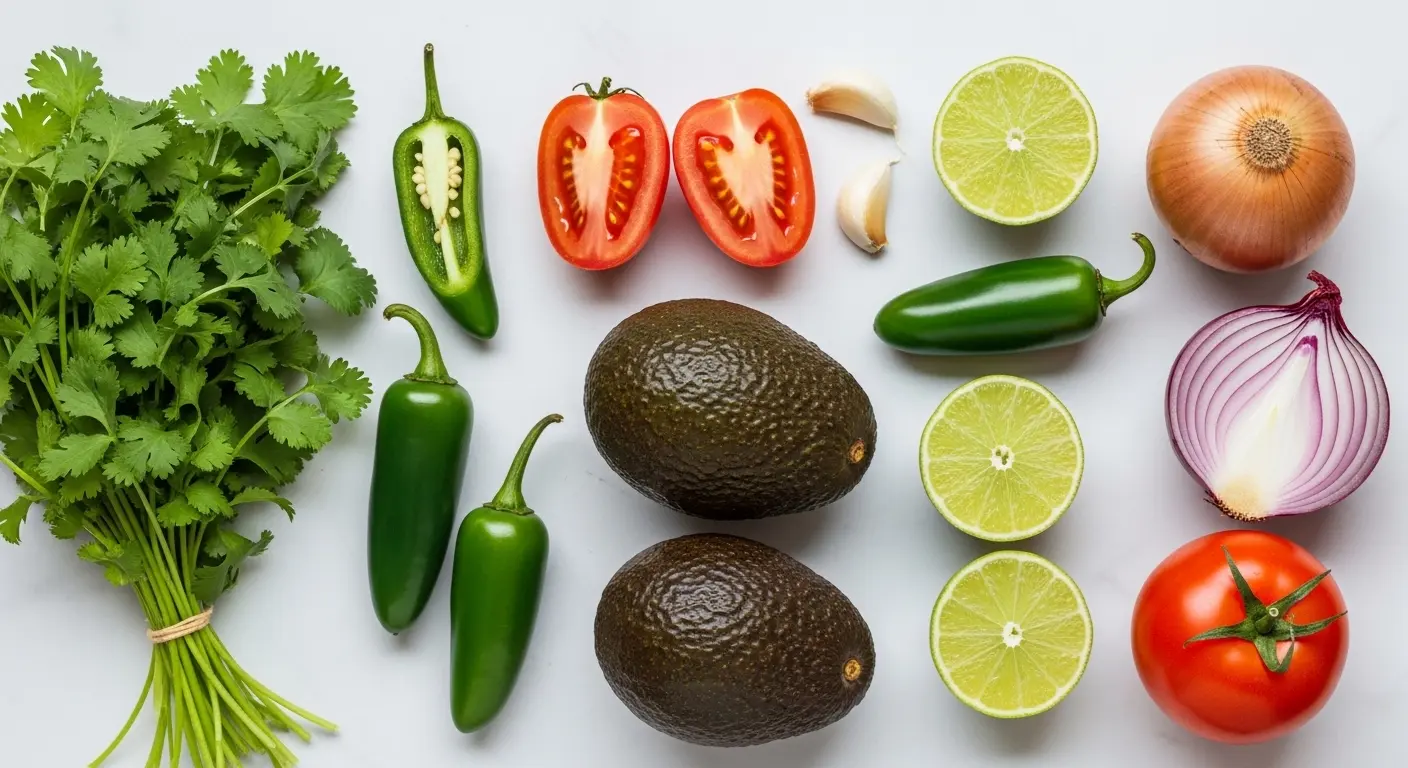 Overhead flat lay of fresh guacamole ingredients including ripe Hass avocados, Roma tomatoes, red onion, jalapeño, garlic, limes, and fresh cilantro on a light marble surface.

