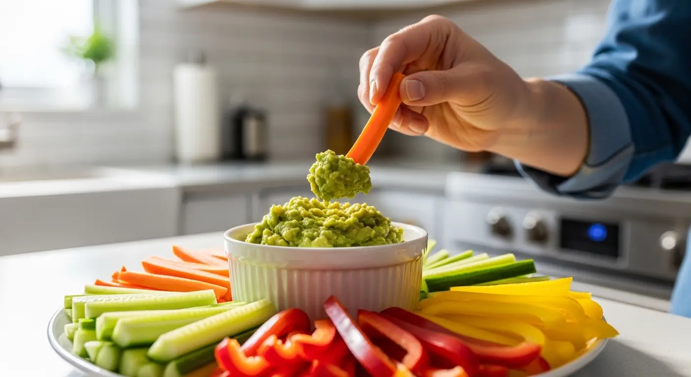 A hand holding a fresh orange carrot stick, dipping it into a bowl of creamy zesty guacamole, with other colorful veggie sticks arranged nearby on a wooden board.

