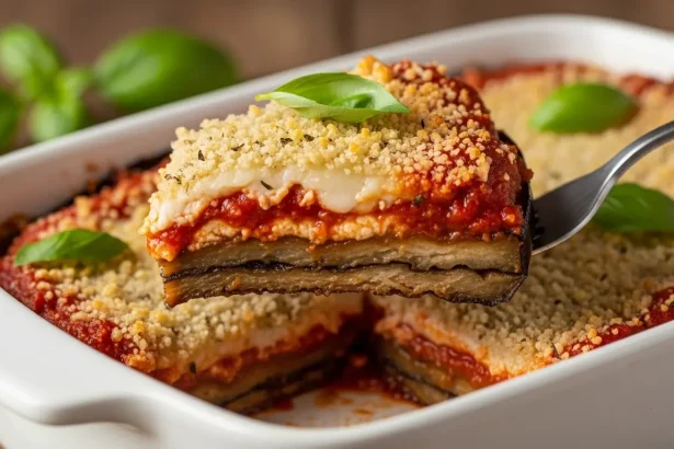 A golden-brown slice of vegan eggplant parmesan lifted from a baking dish, revealing tender layers of eggplant, rich marinara sauce, and creamy melted vegan cashew cheese, garnished with fresh basil.