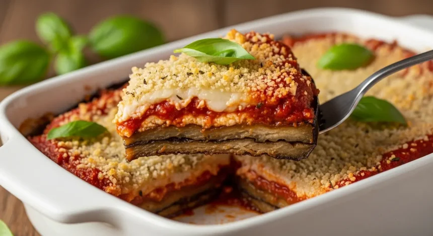 A golden-brown slice of vegan eggplant parmesan lifted from a baking dish, revealing tender layers of eggplant, rich marinara sauce, and creamy melted vegan cashew cheese, garnished with fresh basil.