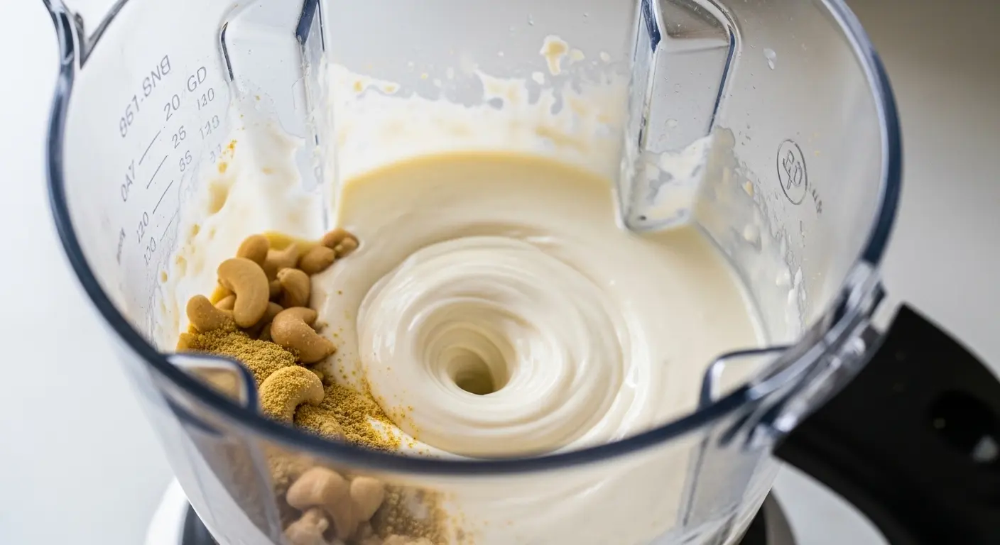 A high-speed blender in action, blending soaked raw cashews with plant-based milk and nutritional yeast into a smooth, creamy vegan cheese alternative for eggplant parmesan. 