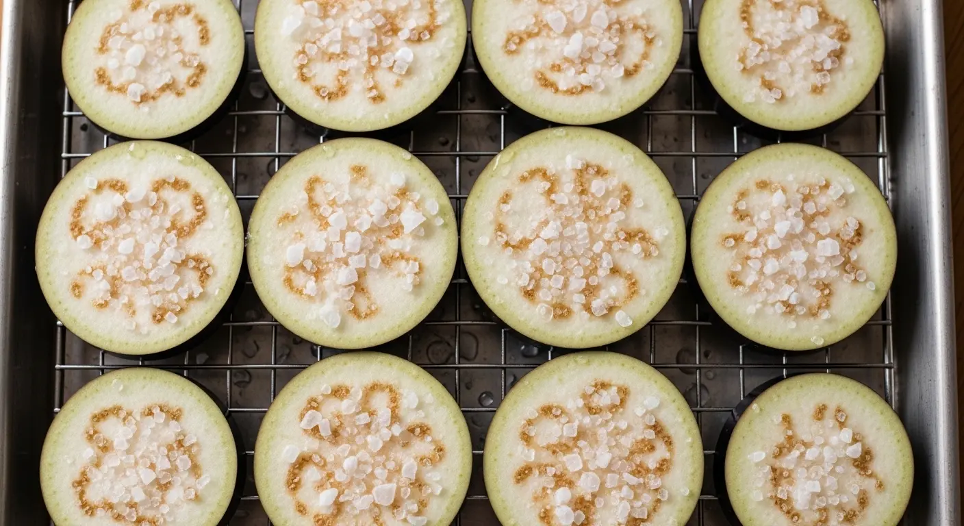 Close-up of sliced eggplant rounds laid out on a cooling rack, generously sprinkled with sea salt, with moisture beads forming on the surface as they sweat. 