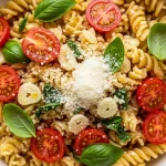 A beautiful bowl of cooked chickpea pasta tossed with halved cherry tomatoes, fresh basil leaves, and garlic in olive oil, topped with grated Parmesan cheese.