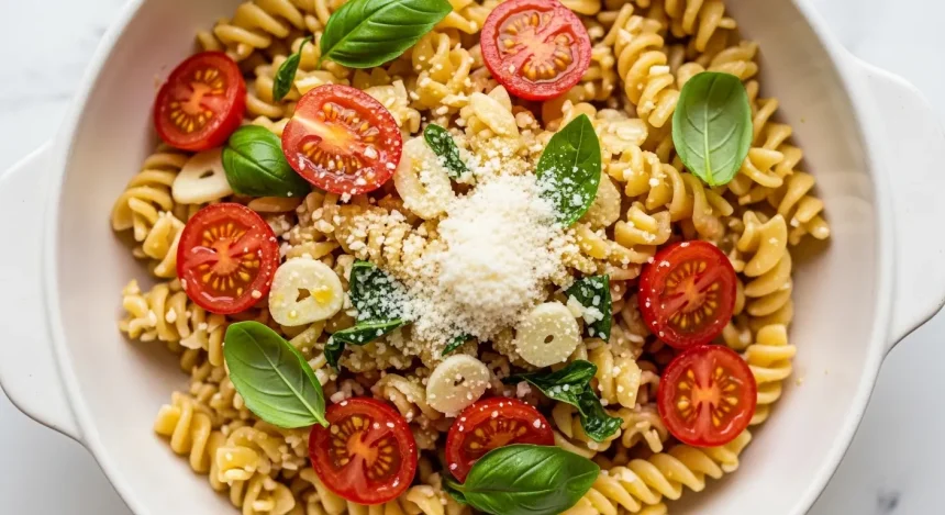 A beautiful bowl of cooked chickpea pasta tossed with halved cherry tomatoes, fresh basil leaves, and garlic in olive oil, topped with grated Parmesan cheese.