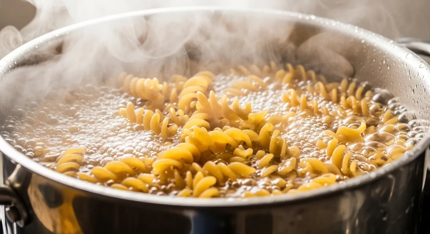 Close-up of golden-brown chickpea pasta boiling in a large pot of salted water, with bubbles and steam rising, showing the unique texture of the legume-based noodles. 