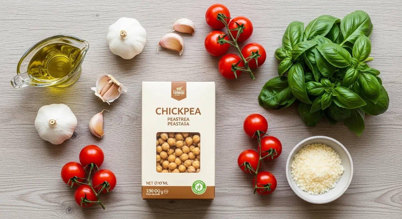 Overhead flat lay of chickpea pasta ingredients including a box of chickpea pasta, fresh cherry tomatoes, garlic cloves, fresh basil, olive oil, and Parmesan cheese on a light wooden surface. 