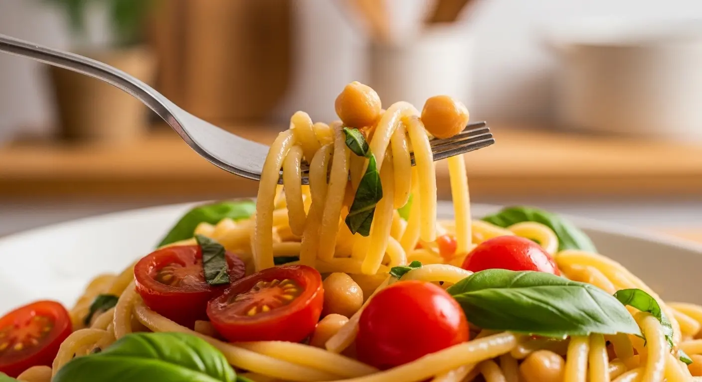 A fork twirling a portion of chickpea pasta with cherry tomatoes and basil, with a blurred background of a cozy kitchen setting and a glass of white wine. 
