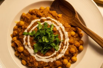 A rich and creamy gluten-free chickpea curry in a ceramic bowl, garnished with fresh cilantro and a swirl of coconut milk, with a wooden spoon resting on the side.