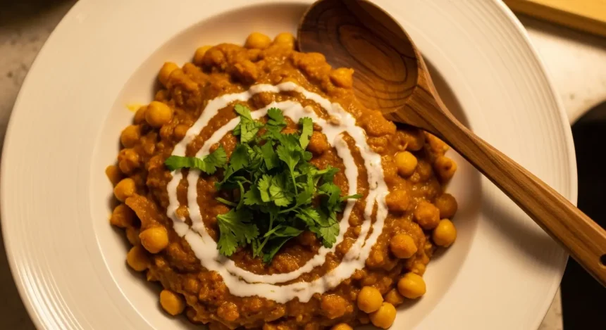 A rich and creamy gluten-free chickpea curry in a ceramic bowl, garnished with fresh cilantro and a swirl of coconut milk, with a wooden spoon resting on the side.