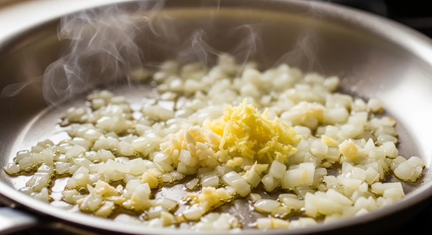 Close-up of finely chopped onion, minced garlic, and grated ginger sautéing in coconut oil in a hot skillet, turning golden and fragrant.

