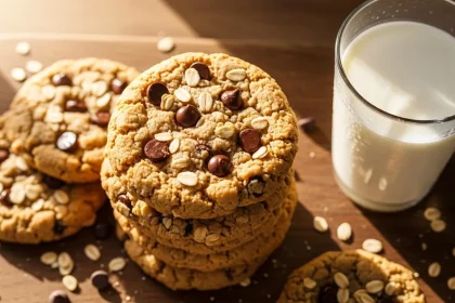 A stack of golden-brown protein breakfast cookies with visible oats, dark chocolate chips, and a soft-baked texture, arranged on a rustic wooden board with a glass of milk in the background.