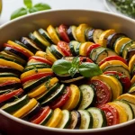 Colorful gluten-free ratatouille made with zucchini, eggplant, tomatoes, and fresh herbs baked in a rustic dish, healthy Mediterranean vegetable recipe.