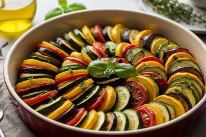 Colorful gluten-free ratatouille made with zucchini, eggplant, tomatoes, and fresh herbs baked in a rustic dish, healthy Mediterranean vegetable recipe.