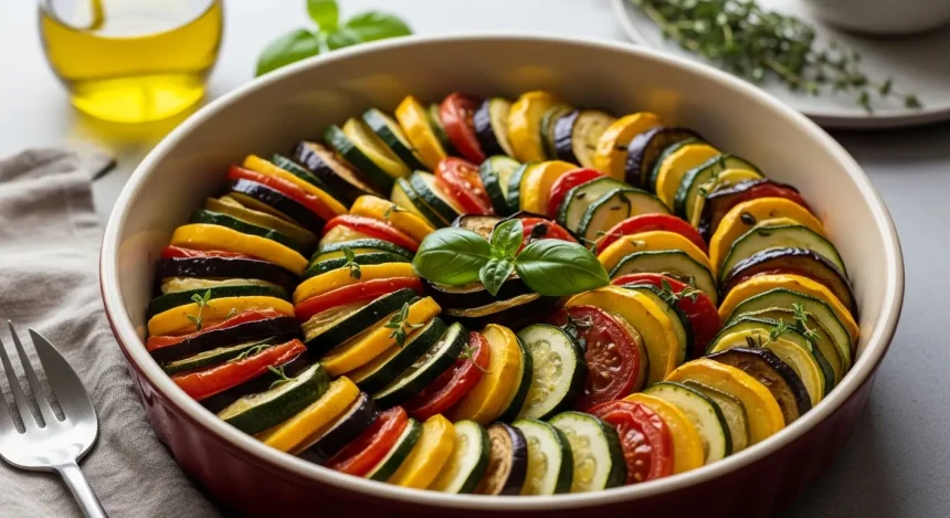Colorful gluten-free ratatouille made with zucchini, eggplant, tomatoes, and fresh herbs baked in a rustic dish, healthy Mediterranean vegetable recipe.