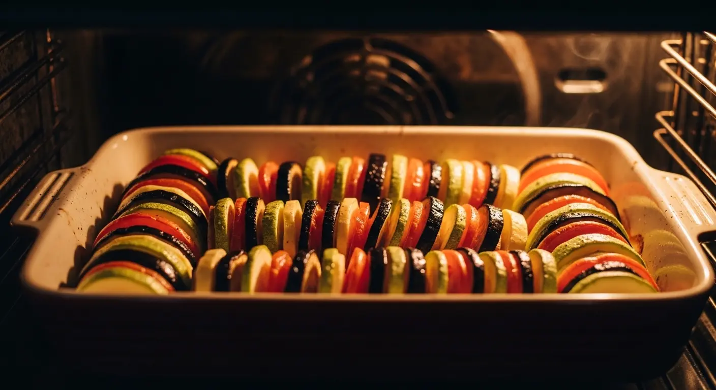 Gluten-free ratatouille baking in the oven with layered vegetables roasting in a ceramic dish, showing step-by-step cooking instructions for a healthy Mediterranean recipe.
