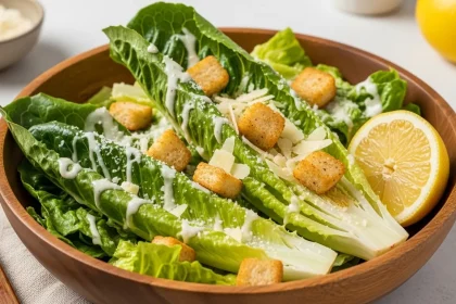 Gluten-free Caesar salad with romaine lettuce, Parmesan cheese, creamy dressing, and gluten-free croutons served in a rustic bowl.