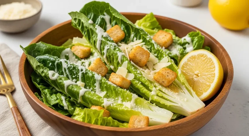 Gluten-free Caesar salad with romaine lettuce, Parmesan cheese, creamy dressing, and gluten-free croutons served in a rustic bowl.