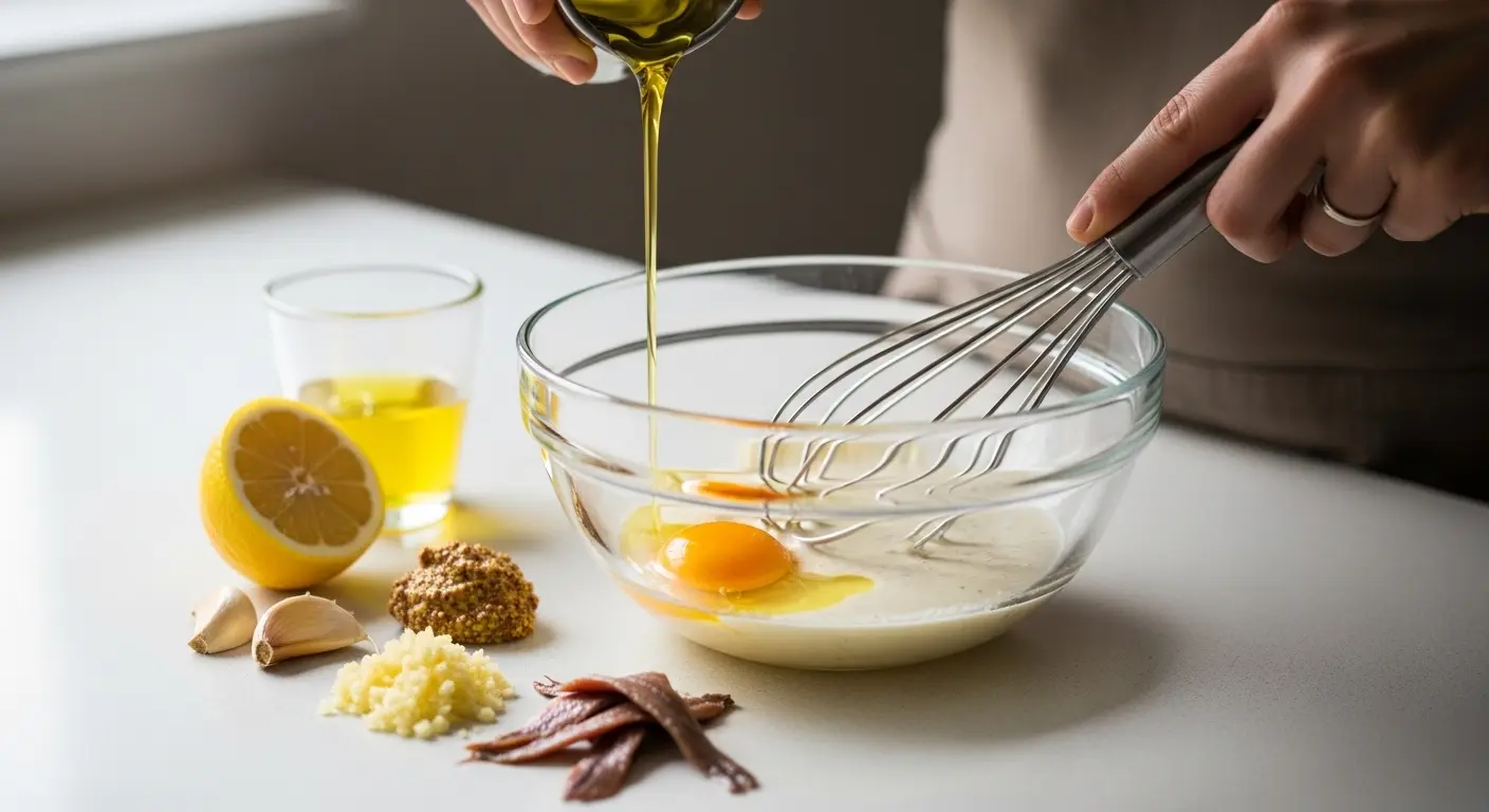 Whisking Caesar salad dressing with egg yolk, lemon juice, garlic, and olive oil in a mixing bowl during preparation.