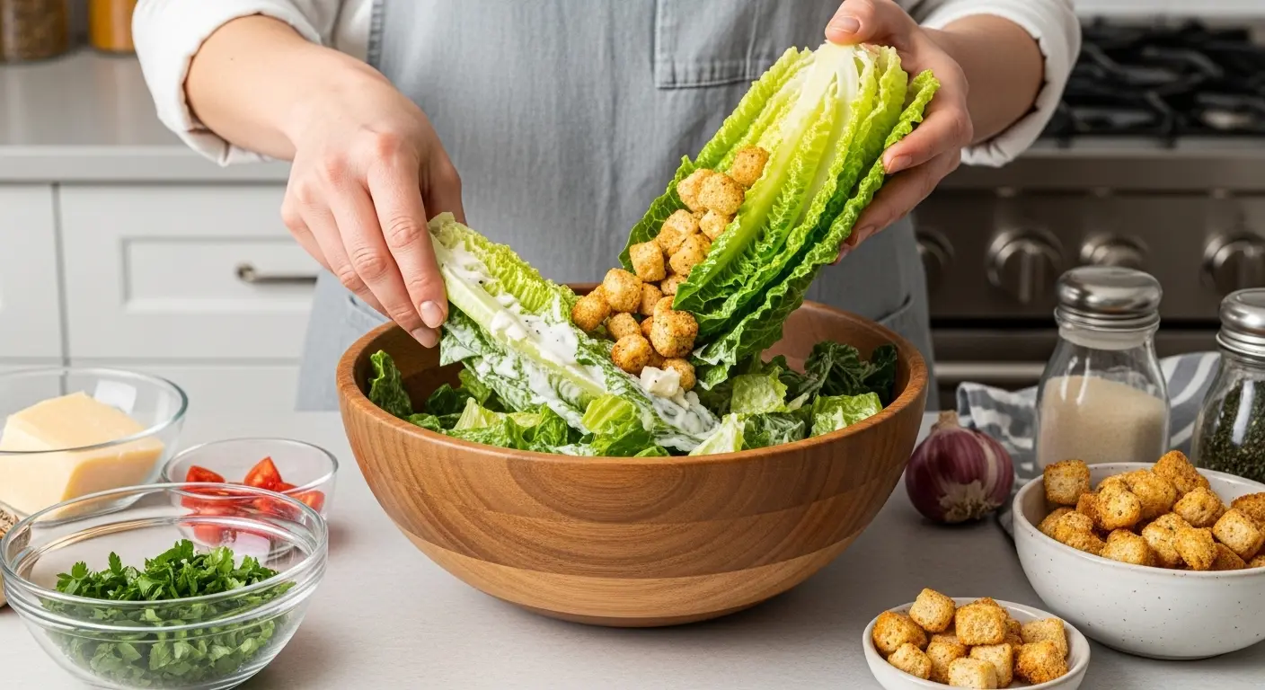 Hands tossing romaine lettuce with Caesar dressing and gluten-free croutons in a large bowl during salad preparation.