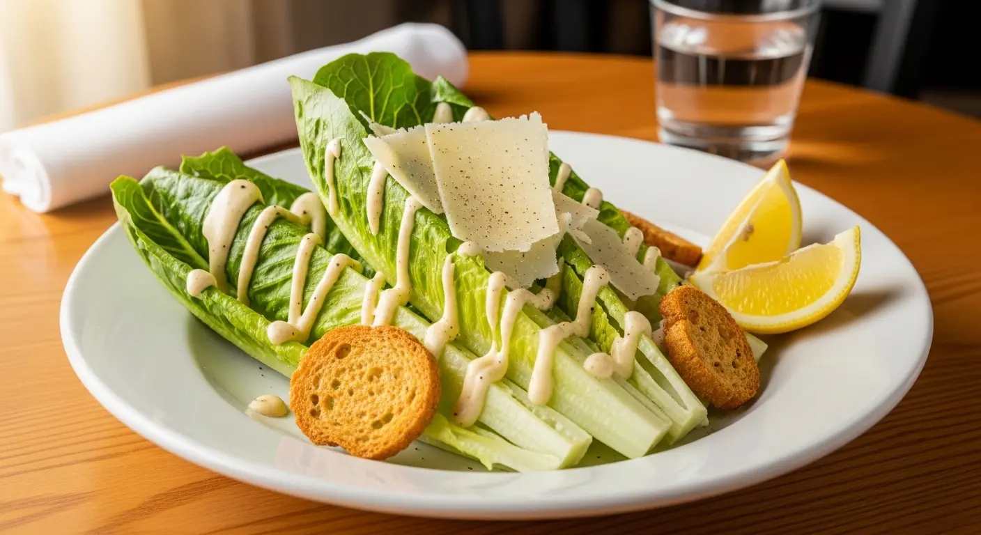 Plated gluten-free Caesar salad served on a dining table with lemon wedges and extra Parmesan garnish.
