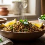 Cooked green lentils in a rustic bowl garnished with parsley and lemon wedges, showcasing a naturally gluten-free healthy meal.