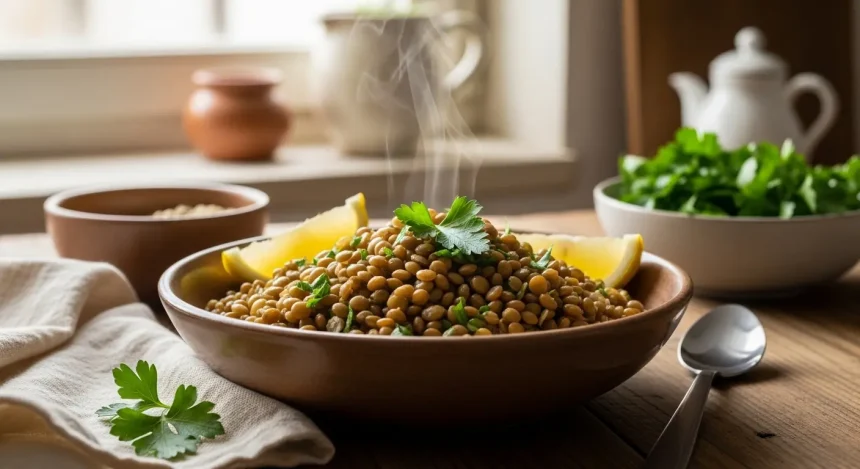 Cooked green lentils in a rustic bowl garnished with parsley and lemon wedges, showcasing a naturally gluten-free healthy meal.