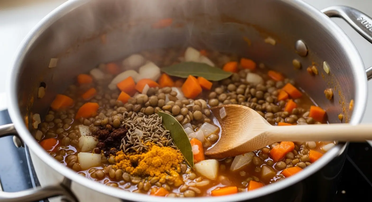 Lentils simmering in a pot with vegetables and spices during gluten-free meal preparation.