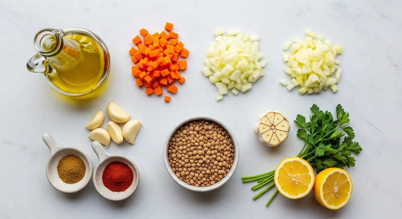 Raw lentils, carrots, onion, garlic, olive oil, cumin, paprika, parsley, and lemon arranged for healthy lentil cooking.