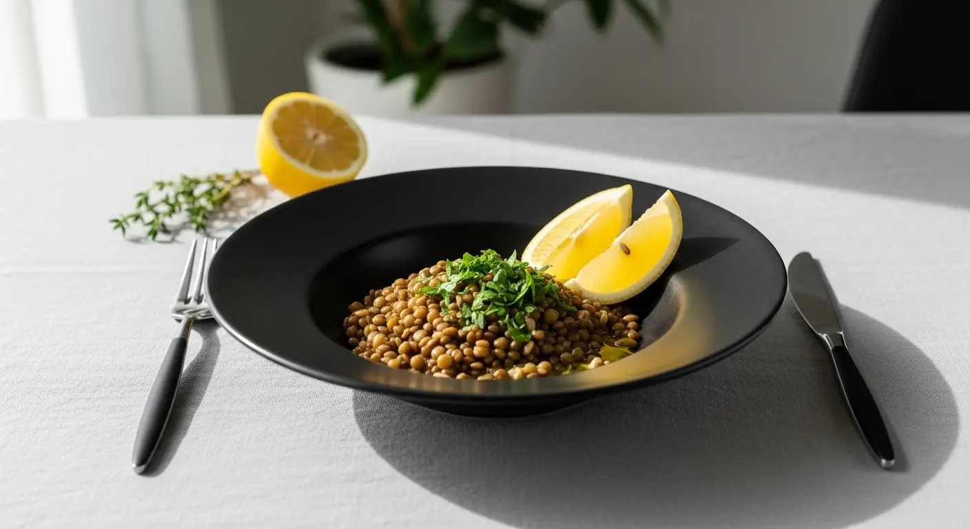 Beautifully plated lentil dish served with parsley garnish and lemon wedges on a modern dining table.