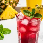 Colorful Mexican fruit drink served in a glass with pineapple garnish, mint leaves, and ice, inspired by traditional aguas frescas.