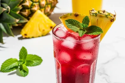 Colorful Mexican fruit drink served in a glass with pineapple garnish, mint leaves, and ice, inspired by traditional aguas frescas.