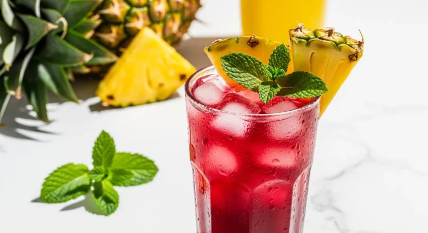 Colorful Mexican fruit drink served in a glass with pineapple garnish, mint leaves, and ice, inspired by traditional aguas frescas.