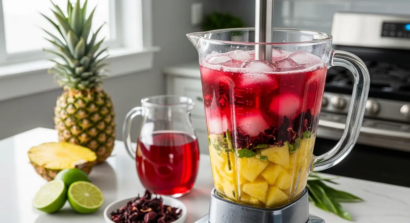Fresh pineapple, lime juice, and hibiscus tea being blended to prepare a traditional Mexican fruit drink.