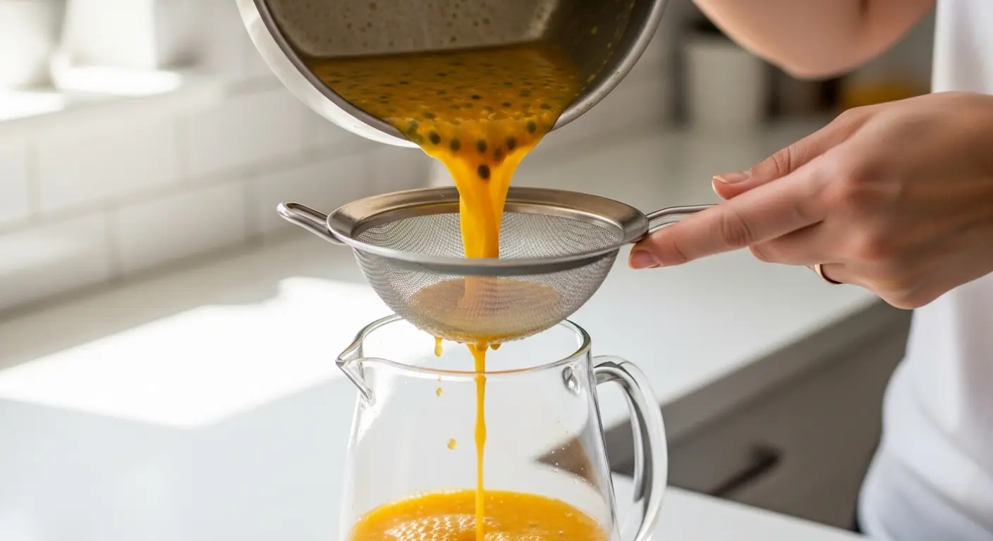 Fresh blended fruit drink being strained into a pitcher through a sieve for smooth Mexican agua fresca preparation.