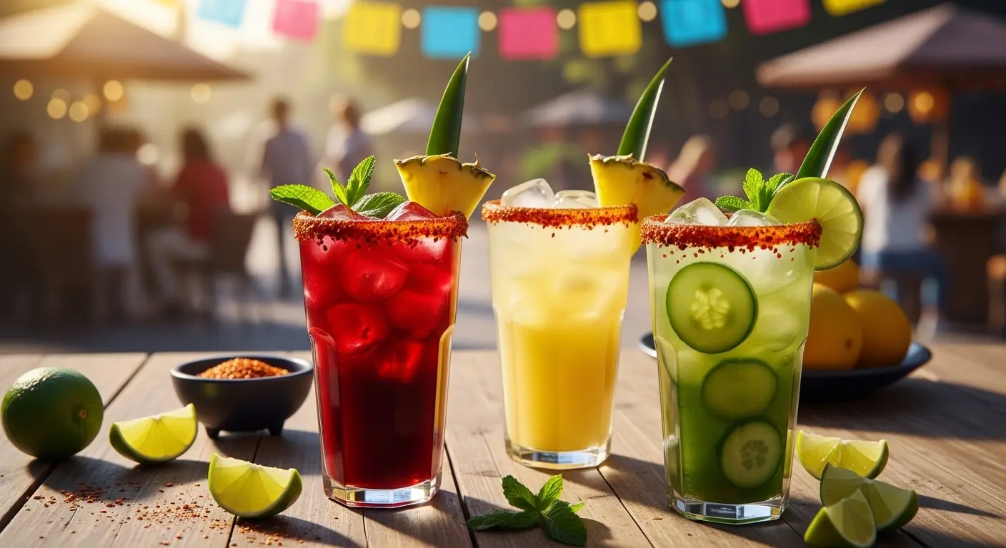 Mexican fruit drink served in tall glasses with chili-lime rim and fresh fruit garnish on a summer table.