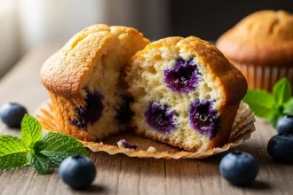 A top-down view of a moist gluten-free blueberry muffin torn in half, revealing a fluffy interior and juicy blueberries, resting on a rustic wooden table with scattered fresh berries.