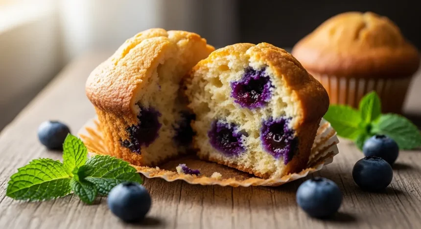 A top-down view of a moist gluten-free blueberry muffin torn in half, revealing a fluffy interior and juicy blueberries, resting on a rustic wooden table with scattered fresh berries.