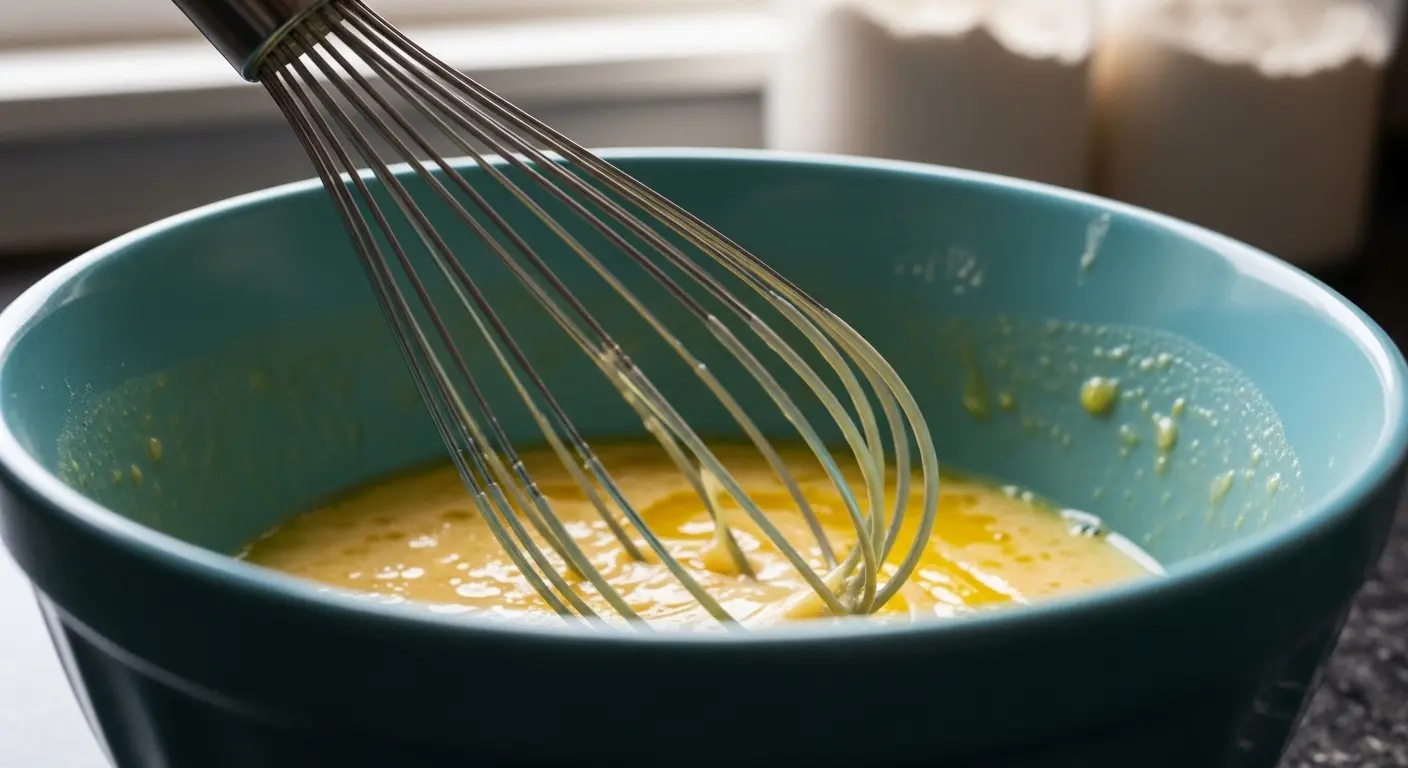 Close-up of a wire whisk blending wet ingredients including eggs, almond milk, and melted coconut oil in a ceramic bowl for gluten-free blueberry muffins.

