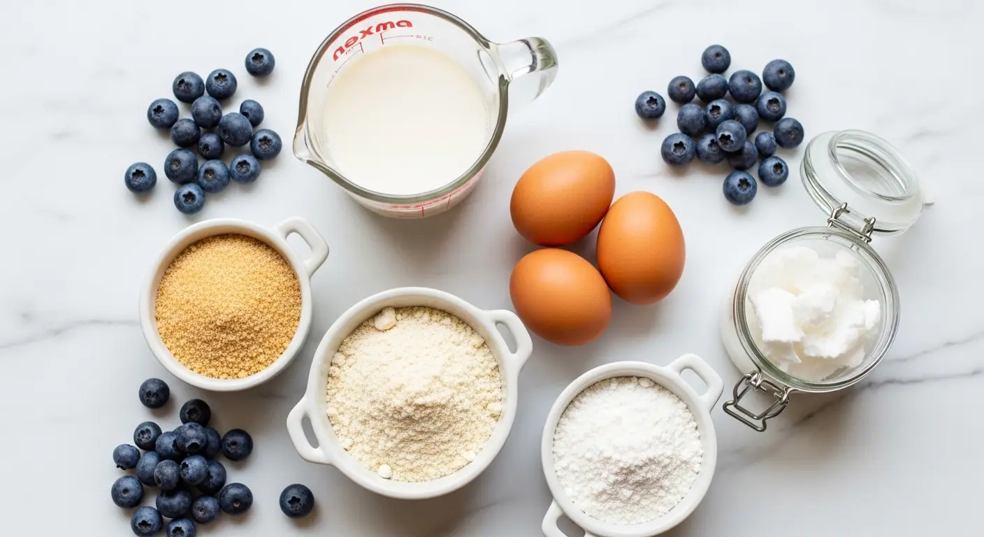 Overhead flat lay of gluten-free baking ingredients including almond flour, tapioca flour, fresh blueberries, eggs, coconut oil, and almond milk arranged on a white marble surface.


