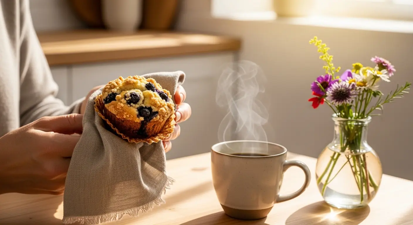 A person holding a gluten-free blueberry muffin in a napkin, with a steaming cup of coffee and a small vase of fresh flowers on a sunlit kitchen table.

