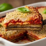 A golden-brown slice of vegan eggplant parmesan lifted from a baking dish, revealing tender layers of eggplant, rich marinara sauce, and creamy melted vegan cashew cheese, garnished with fresh basil.