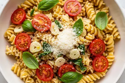 A beautiful bowl of cooked chickpea pasta tossed with halved cherry tomatoes, fresh basil leaves, and garlic in olive oil, topped with grated Parmesan cheese.