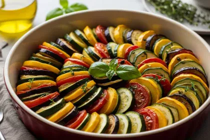 Colorful gluten-free ratatouille made with zucchini, eggplant, tomatoes, and fresh herbs baked in a rustic dish, healthy Mediterranean vegetable recipe.