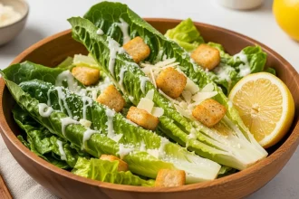 Gluten-free Caesar salad with romaine lettuce, Parmesan cheese, creamy dressing, and gluten-free croutons served in a rustic bowl.