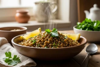Cooked green lentils in a rustic bowl garnished with parsley and lemon wedges, showcasing a naturally gluten-free healthy meal.