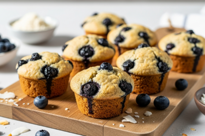 Golden paleo blueberry muffins made with almond flour, grain-free and naturally sweetened, baked until fluffy and moist